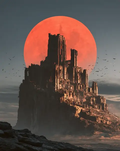 AI-generated ruined gothic cathedral under a red moon